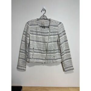LOFT Tweed Moto Jacket Ivory Gray Black Asymmetrical Zip Blazer Womens Size 10